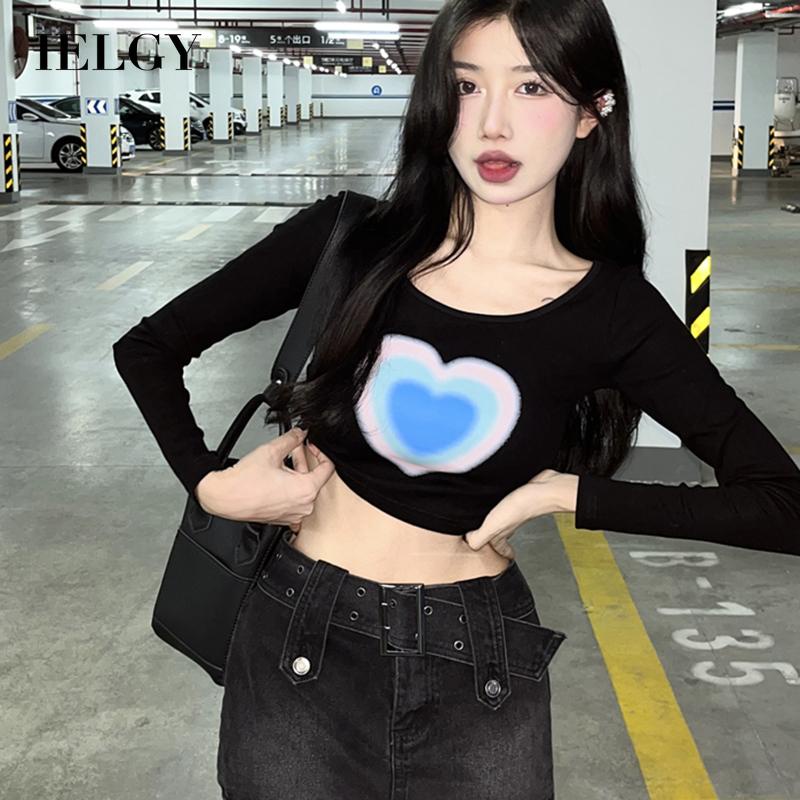 IELGY  Áo Thun Lửng Tay Dài In Hình Trái Tim Thời Trang Dành Cho Nữ