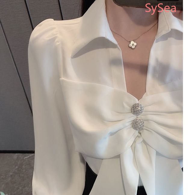 Áo Sơ Mi Tay Dài Cổ Chữ V Thắt Nơ Phong Cách Pháp Thời Trang Cho Nữ