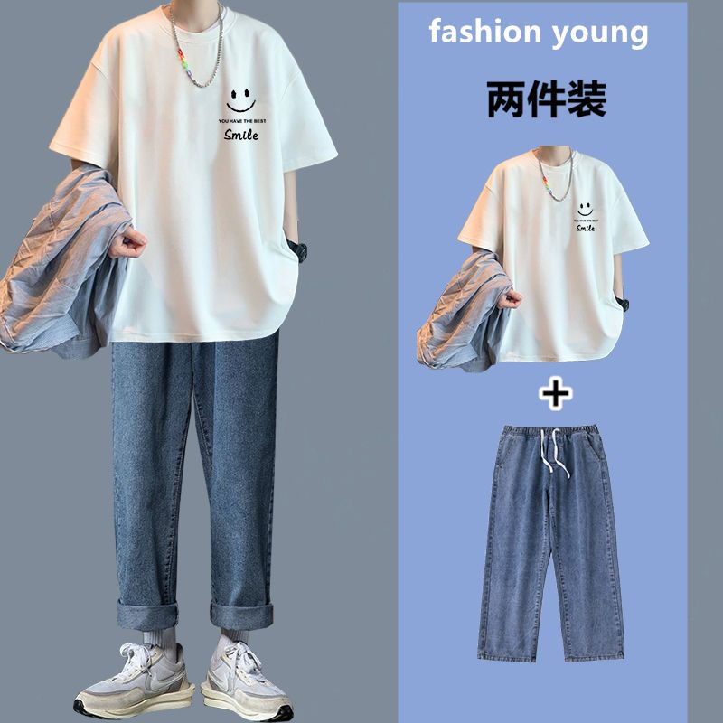 Bộ Áo Thun Cotton Ngắn Tay + Quần Jeans Thời Trang Mùa Hè Cho Nam