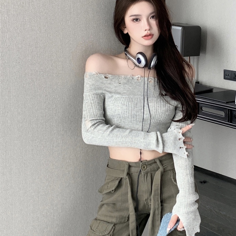 IELGY  Áo sweater Dệt Kim Tay Dài Dáng Ôm Rách Cá Tính Cho Nữ