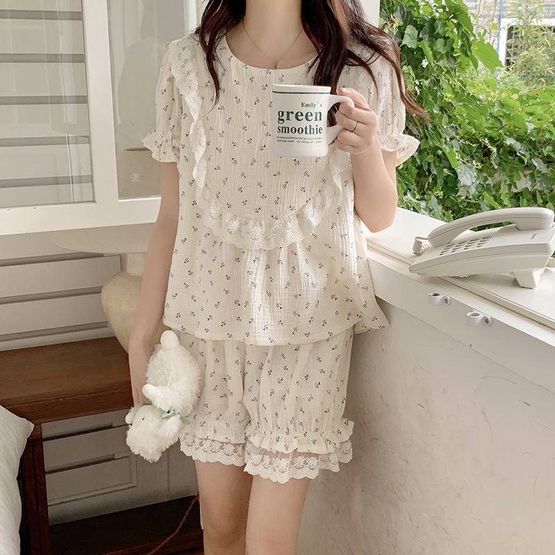 Hàng Mới Về Đầm Ngủ Cotton Dáng Rộng Phối Ren Hoa Thời Trang Mùa Hè Hàn Quốc 2023