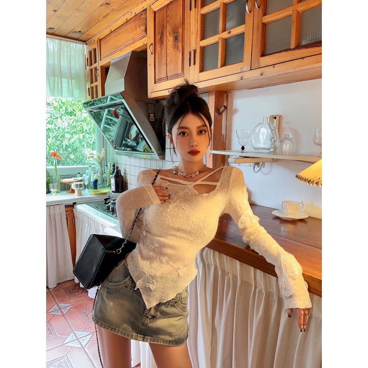 Cocory vn Áo sweater Dệt Kim Tay Dài Khoét Lỗ Phong Cách retro Quyến Rũ Cho Nữ