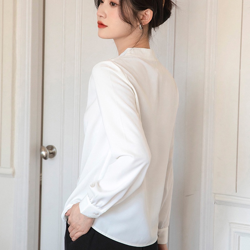 IELGY    Áo Sơ Mi Cổ Chữ v Viền Bèo Nhún Màu Trơn Phong Cách Pháp Thanh Lịch Cho Nữ