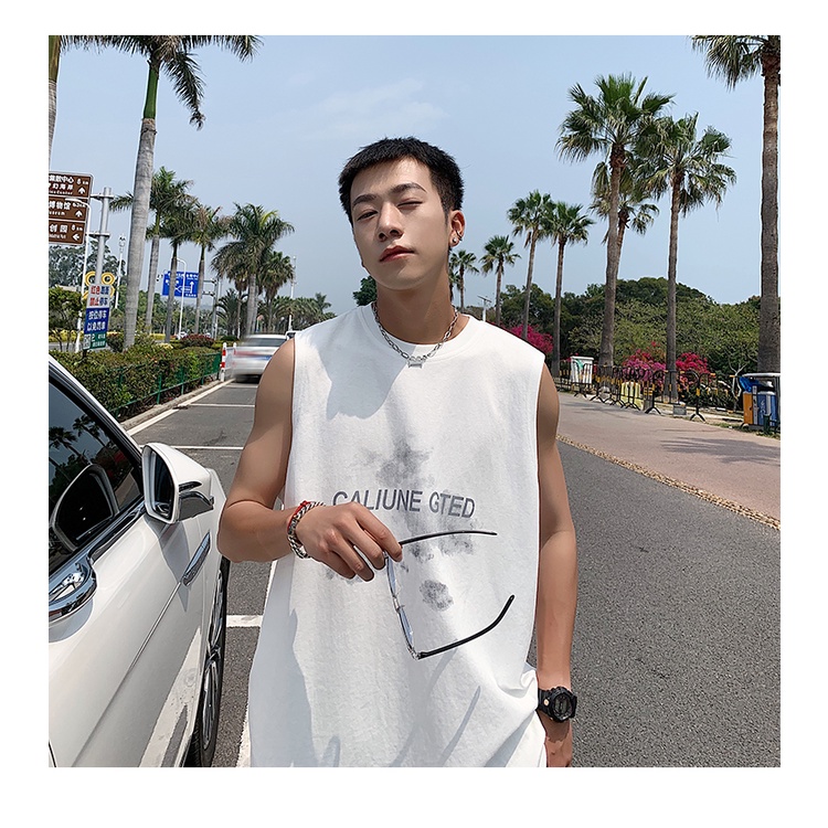 Áo Thun Sát Nách Dáng Rộng In Chữ Kiểu hip-hop Đường Phố Hàn Quốc Thời Trang Cho Nam Cỡ M-5XL