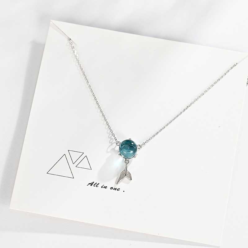 Bộ Trang Sức Vòng cổ / Vòng Tay / Khuyên Tai Bằng Thép Titan Đính Đá Zircon Đuôi Nàng Tiên Cá Màu Xanh Dương Đơn Giản