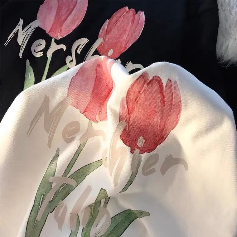 Áo Thun Tay Ngắn In Hình Hoa Tulip Năm Mới Phong Cách Nhật Bản Dành Cho Nữ