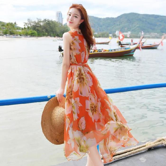 Váy Dài Qua Gối In Hoa Phong Cách Bohemian Đi Biển Mùa Hè Phong Cách Mới