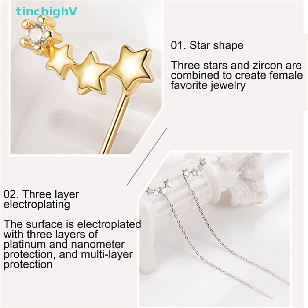 [TinchighV] Bông Tai Dáng Dài Hình Ngôi Sao Đính Đá Zircon Trắng Phong Cách Đơn Giản Cho Nữ [Mới]
