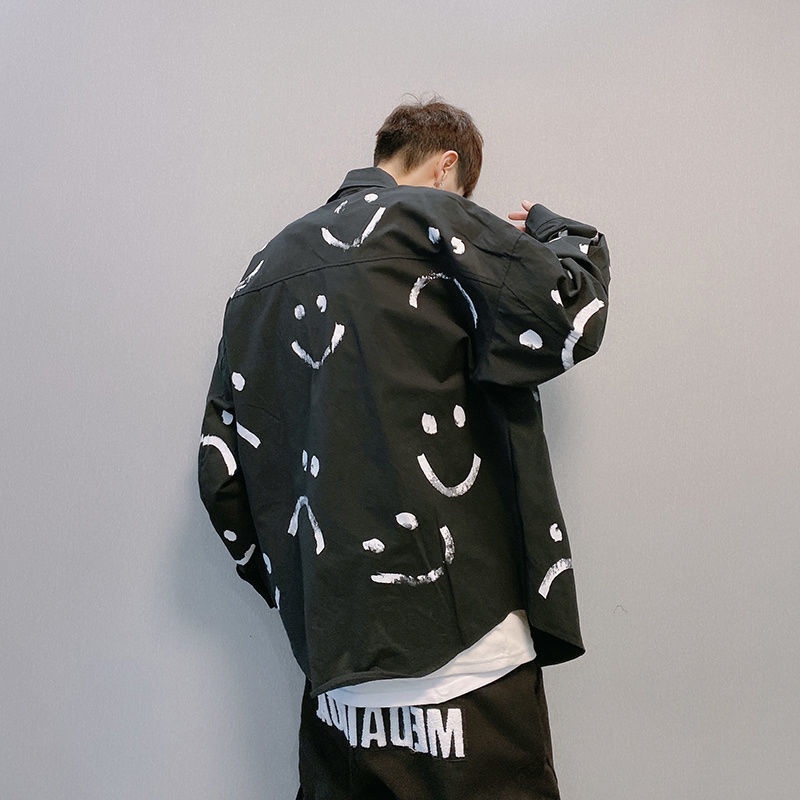 Hàng Mới Về Áo Sơ Mi Nam Dài Tay Dáng Rộng Họa Tiết Mặt Cười Phong Cách Nhật Bản