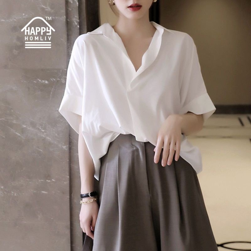 HAPPY HOMLIV Áo trắng Bigsize Áo kiểu nữ trắng Áo sơ mi cổ chữ V của phụ nữ Hàn Quốc