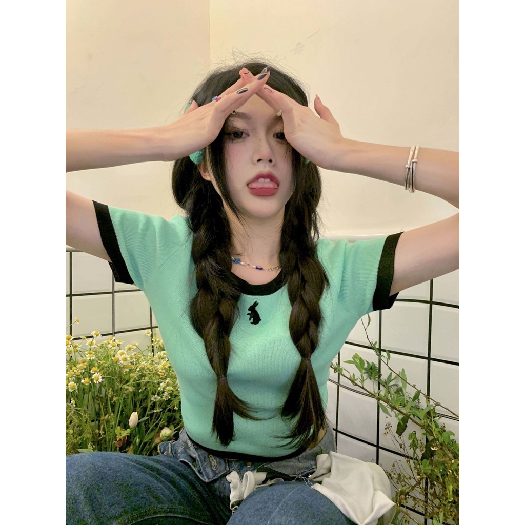 Lalisas Áo Croptop Dệt Kim Tay Ngắn Cổ Tròn Thời Trang Hàn Quốc vintage Quyến Rũ Cho Nữ