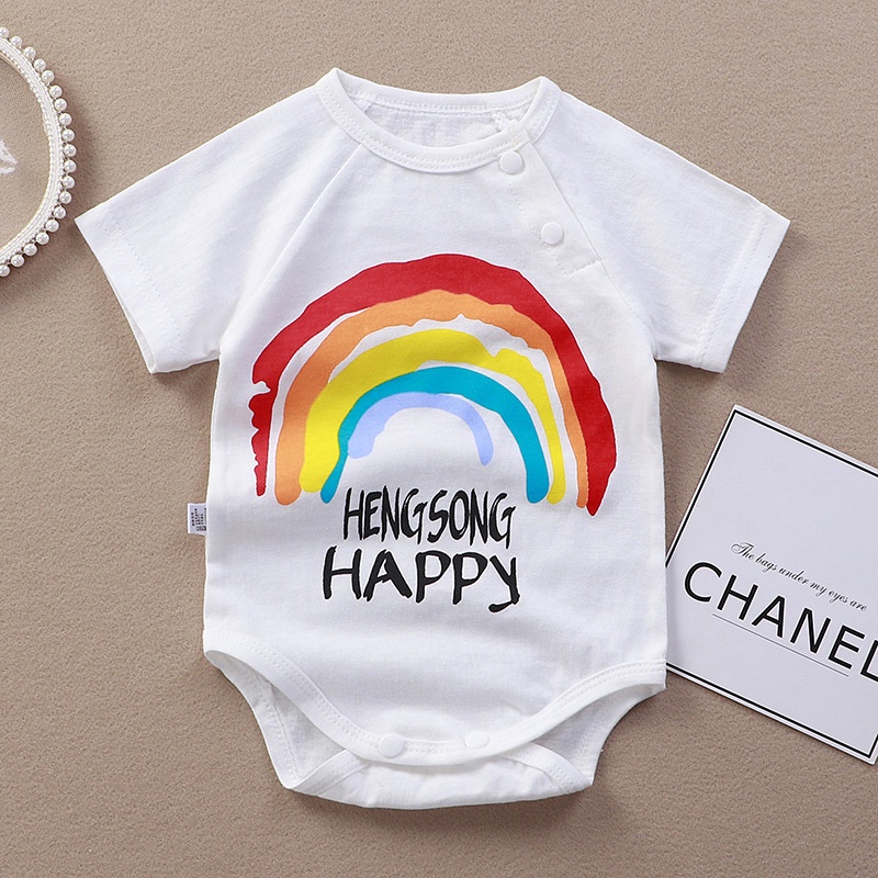 Áo Liền Quần Bằng Cotton Tay Ngắn Thoáng Khí In Họa Tiết Hoạt Hình Chú Gấu / Thỏ Màu Cầu Vồng Dễ Thương