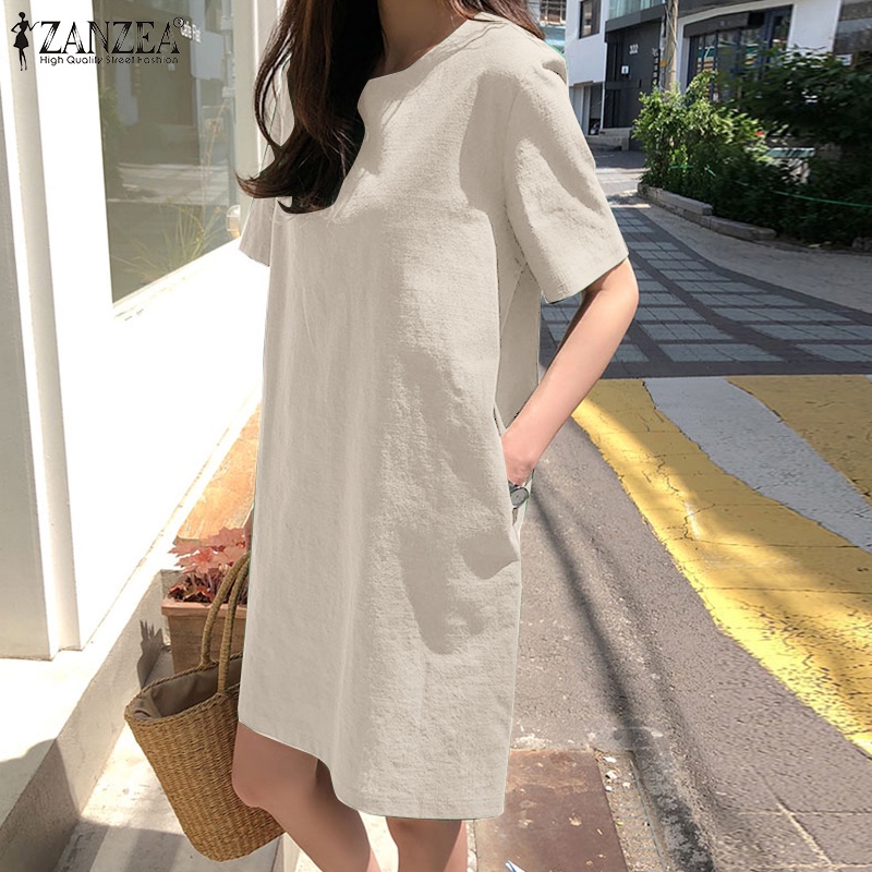 Đầm nữ ZANZEA ngắn tay cổ tròn lưng thắt nơ thời trang