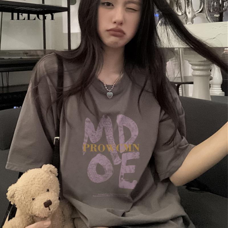 IELGY    Áo Thun Tay Ngắn In Chữ Màu Xám Dễ Phối Đồ Thời Trang Cho Nữ