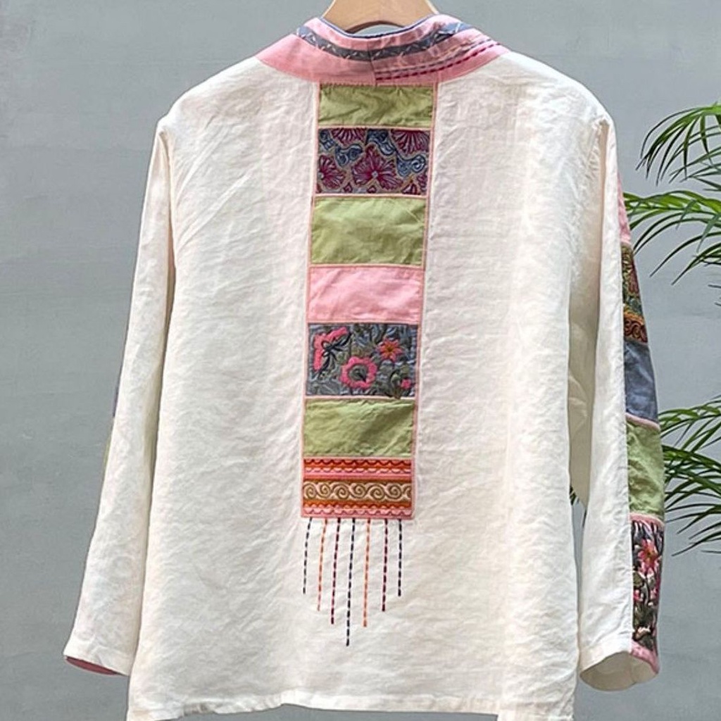 Áo Kiểu Vải Lanh Tay Dài Cổ Chữ V Phối Tua Rua Thêu Họa Tiết Phong Cách Retro