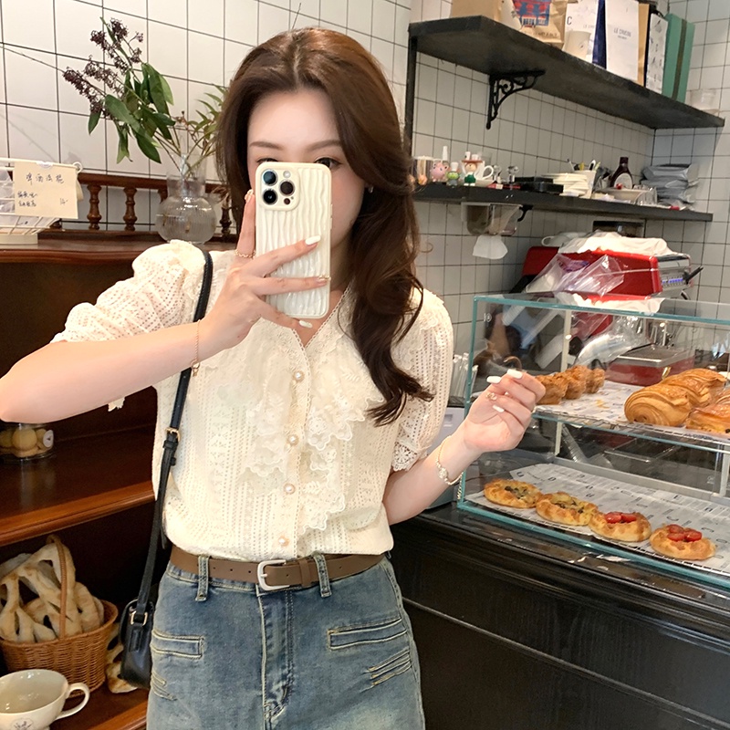 SUXI Áo Sơ Mi Nữ Tay Ngắn Cổ Chữ V Phối Ren Phong Cách Hàn Quốc Thời Trang Mùa Hè
