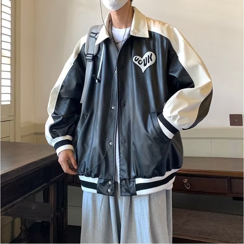 Áo Khoác Da Giả Dáng Rộng Phong Cách Harajuku Trẻ Trung Cá Tính Cho Nam