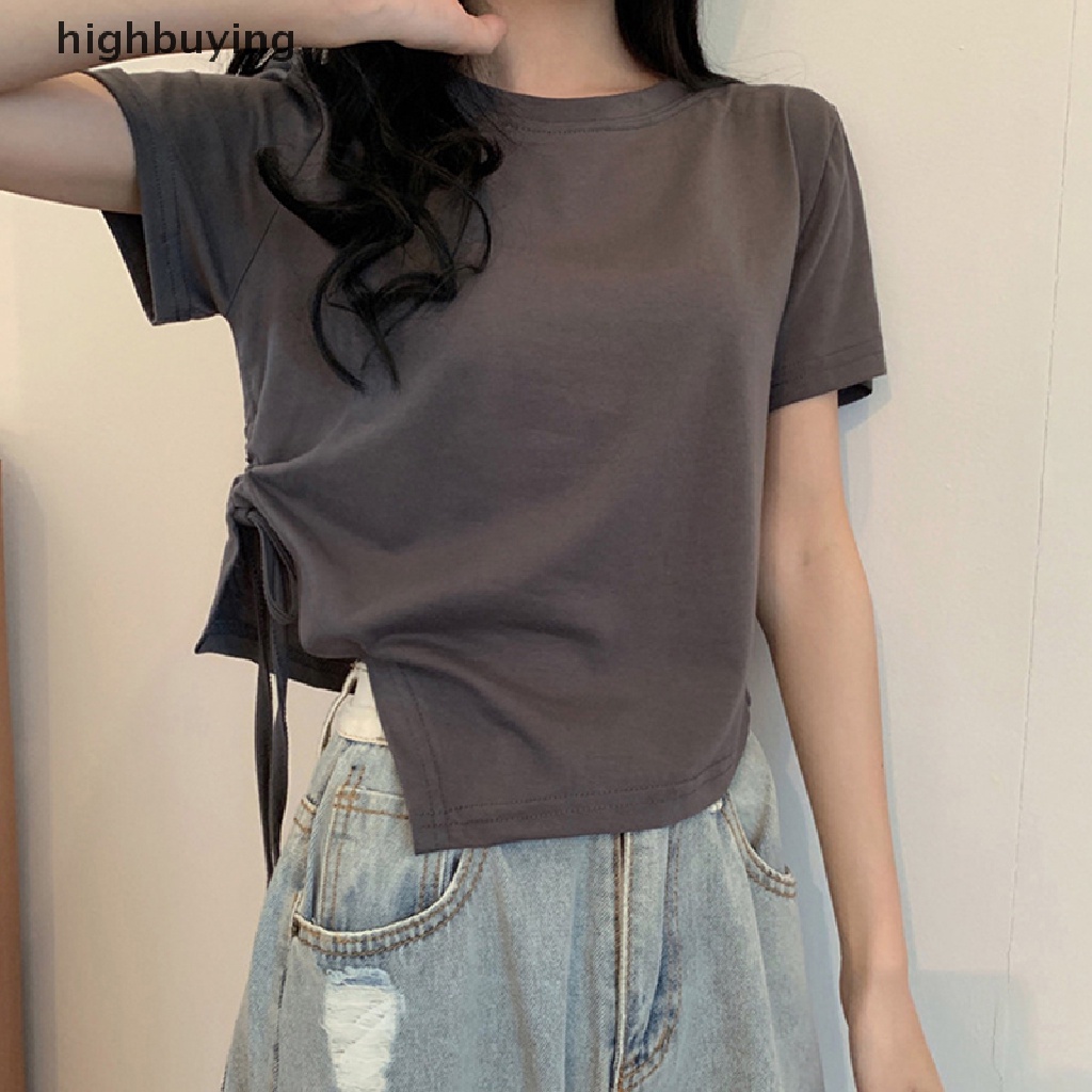Áo Thun Crop Top Tay Ngắn Cổ Tròn Màu Trơn Phối Dây Rút Thời Trang Mùa Hè Cho Nữ