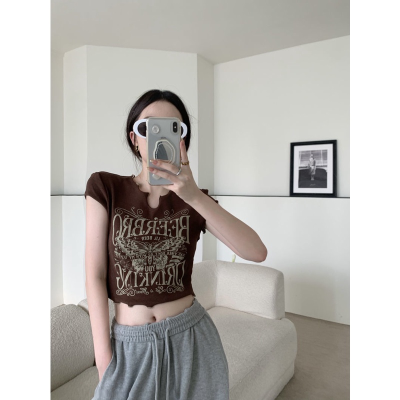 Áo Thun Ngắn Hở Rốn Dáng Ôm In Họa Tiết Vintage Thời Trang Mùa Hè Hàng Mới Dành Cho Bạn