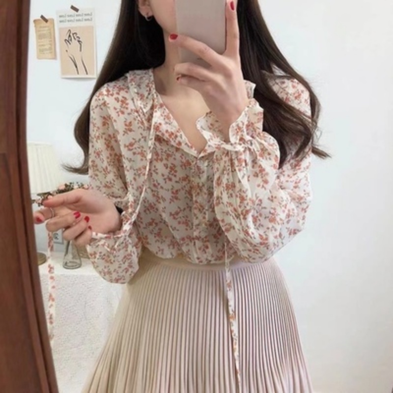 Áo Sơ Mi Chiffon Tay Dài Phồng Dáng Ôm In Hoa Kiểu Hàn Quốc Xinh Xắn Cho Bạn Gái