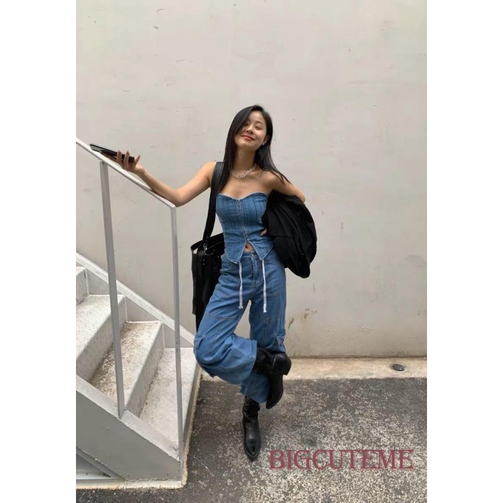 [] - Áo Ống Denim Nữ Hình Xương Cá Thắt Dây Trước Sau Màu Xanh Dương Y2K Phong Cách Hàn Quốc