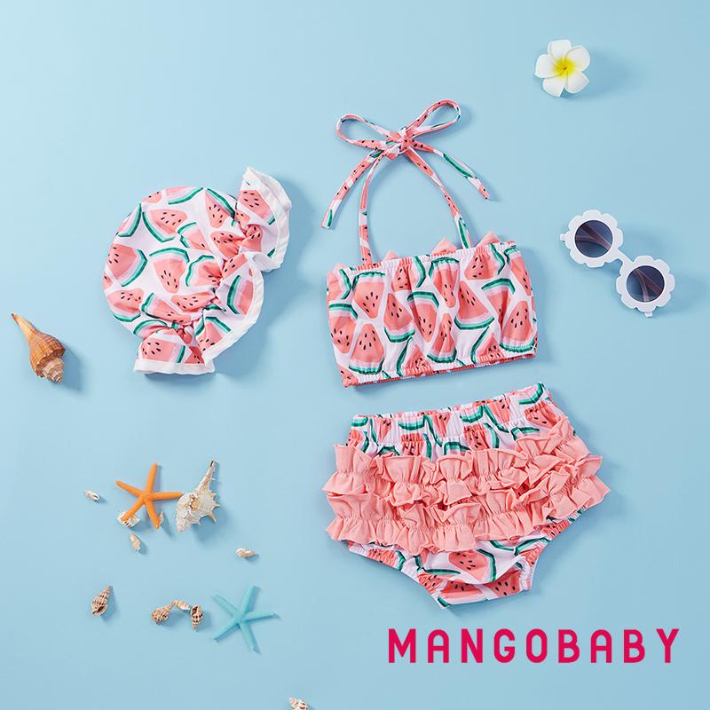 Bộ Đồ Bơi Hai Mảnh Không Tay Thắt Nơ Họa Tiết Dưa Hấu + Quần Short + Mũ Co Giãn Cho Bé Gái