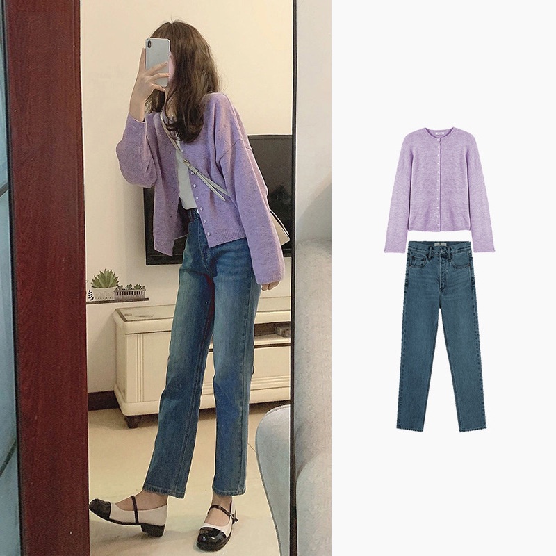 Bộ Áo Thun Tay Dài Và Quần Jeans Dài Phong Cách Hàn Quốc Thời Trang Mùa Xuân 2023