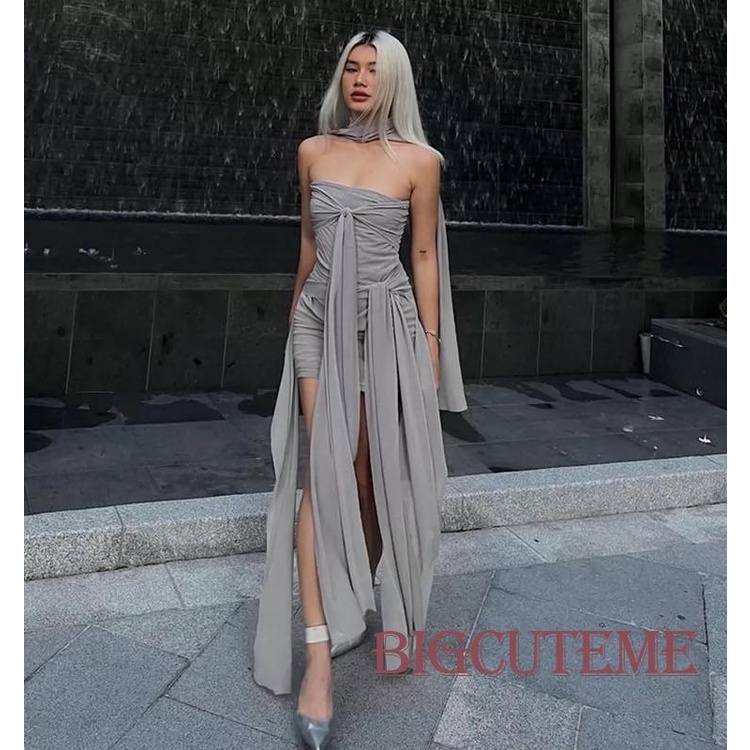 - Đầm Ống Nữ Lệch Vai. Đầm Body Màu Xám Thiết Kế Ôm Sát Tôn Dáng