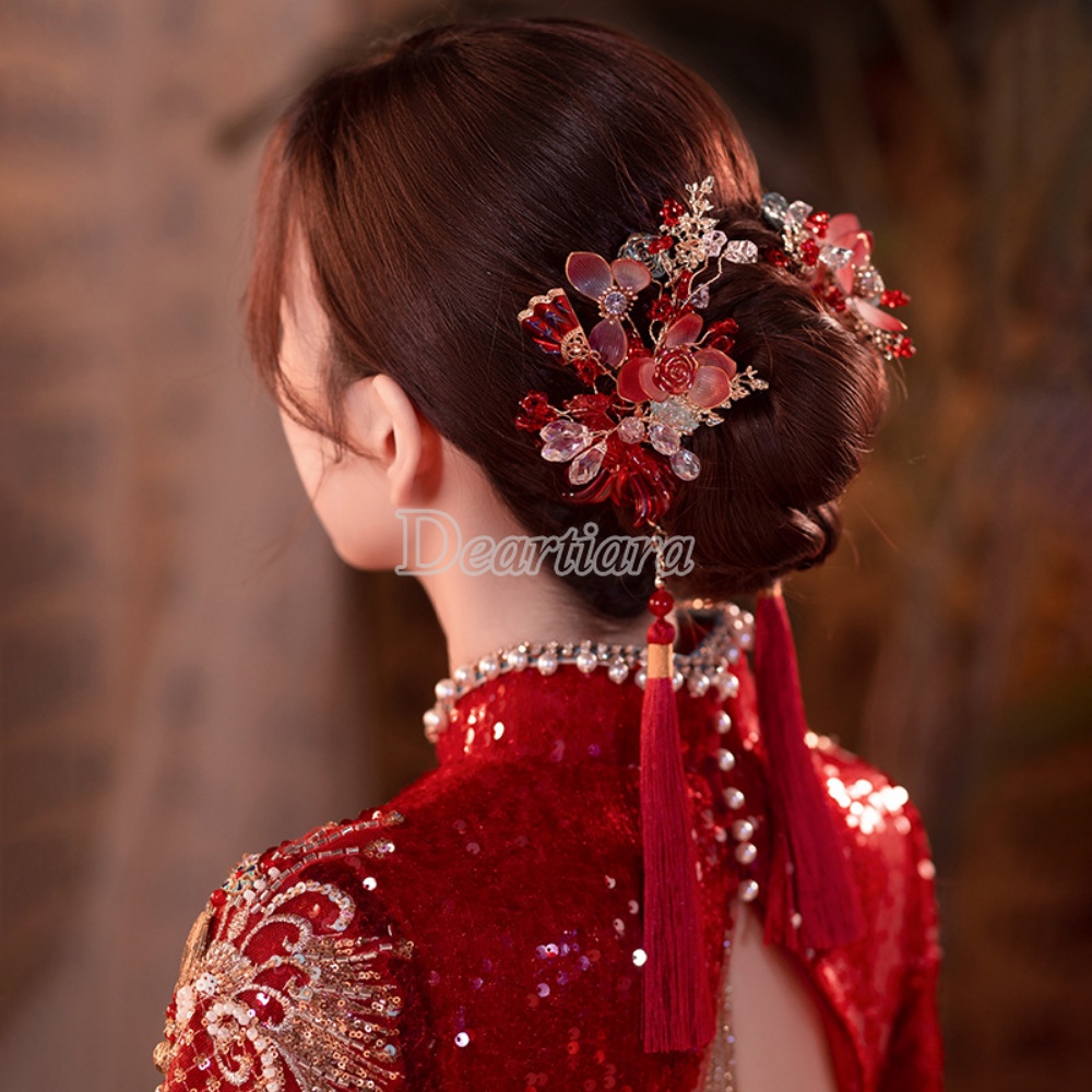 Trâm Cài Tóc Cô Dâu Đính Hoa Đỏ Tua Rua Sang Trọng