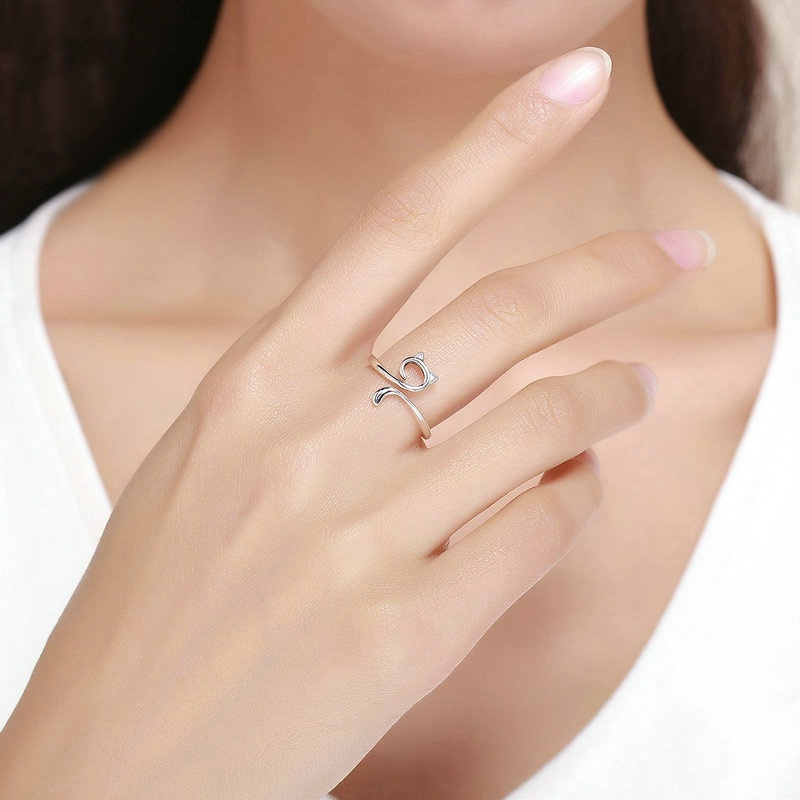 Nhẫn Hở Hình Tai Mèo Màu Sắc Bạc Đơn Giản Có Thể Điều Chỉnh Kích Thước