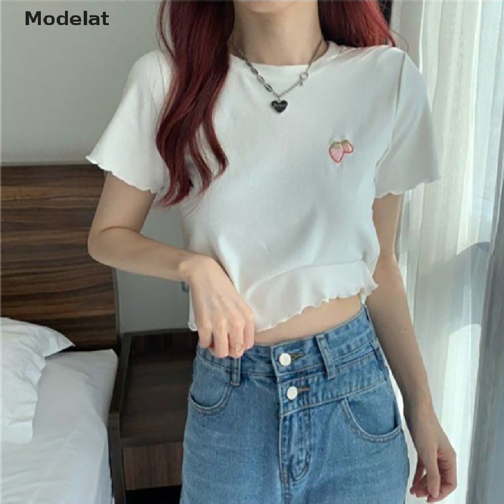Áo Thun Crop Top Tay Ngắn Cổ Tròn Thêu Hình Dâu Tây Thời Trang Mùa Hè Cho Nữ