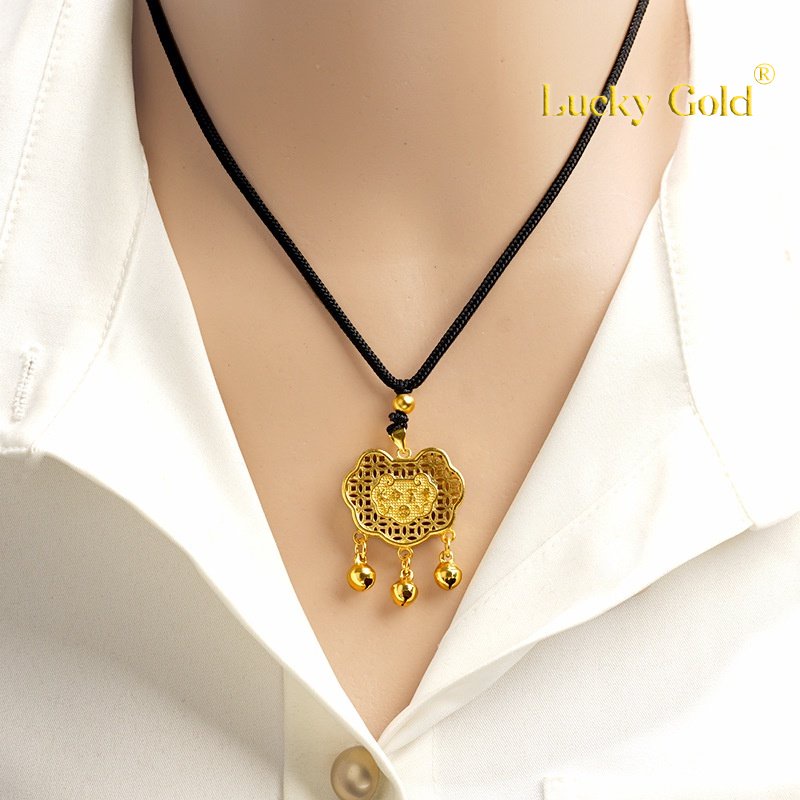 Vòng cổ Mặt Trái Tim 3D Đính Chuông Vàng Kim Au999 Phong Cách Trung Hoa