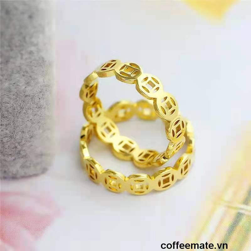 Nhẫn kim tiền bằng titan không gỉ mạ vàng 18k kiểu cổ điển sang trọng dành cho phái nữ