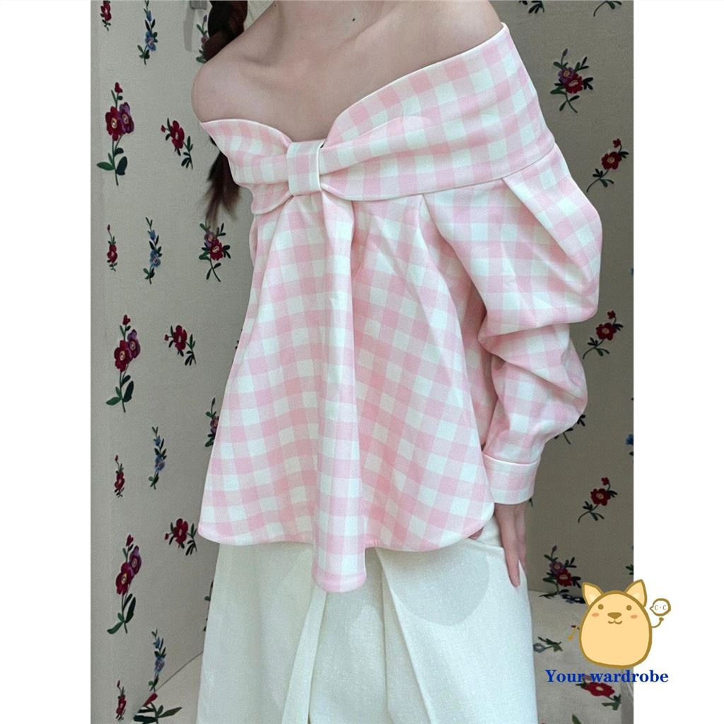 One Áo Sơ Mi Ca Rô Trễ Vai Thắt Nơ Xinh Xắn Theo Phong Cách Mùa Xuân 2023