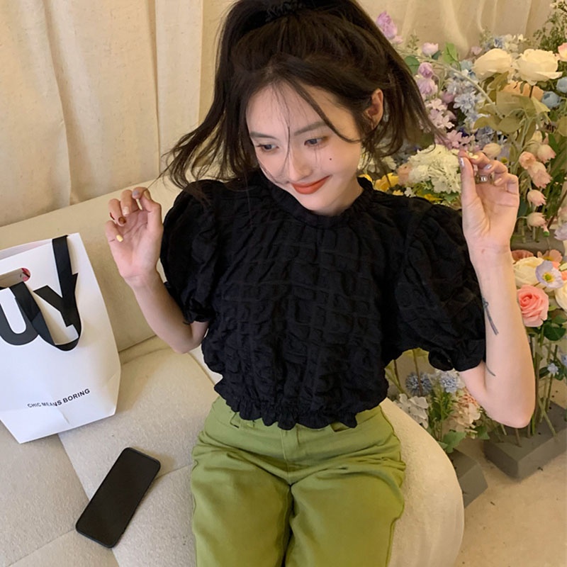 IELGY   Áo Sơ Mi Tay Phồng Màu Trắng Thiết Kế Đơn Giản Dành Cho Nữ