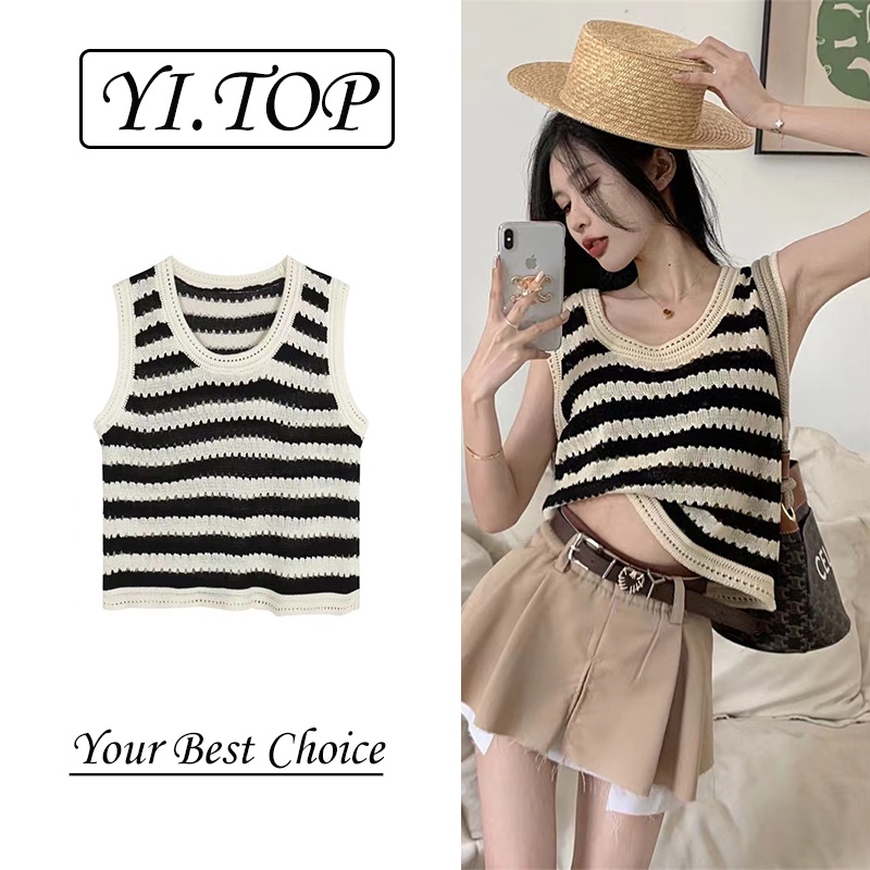 Áo Sweater Dệt Kim Sát Nách Dáng Rộng Cổ Tròn Hoạ Tiết Kẻ Sọc Thời Trang Mùa Hè