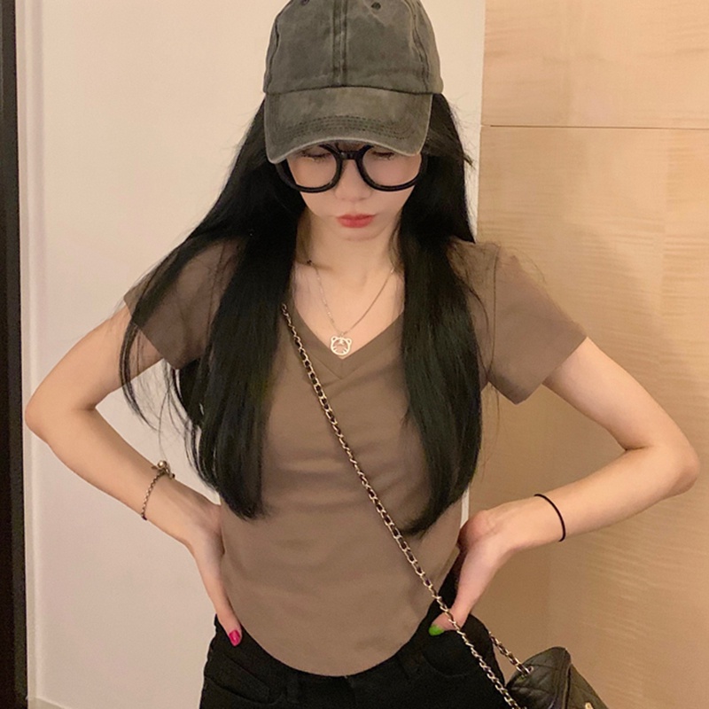 IELGY  Áo Thun Tay Ngắn Cổ Chữ v Phía Trước Phong Cách Mỹ Cho Nữ