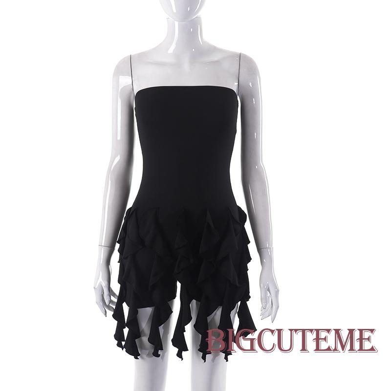 Bộ Áo Liền Quần Ngắn Ôm Ngực Không Dây Phối Bèo Nhún Thời Trang Cho Nữ