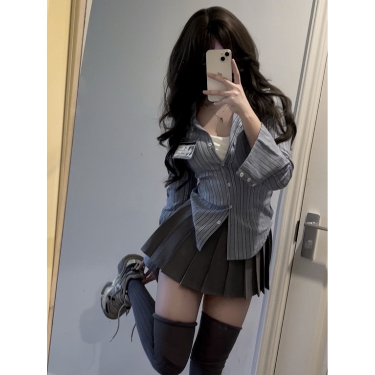 Bộ Áo Sơ Mi Tay Dài Kẻ Sọc Phối Chân Váy Xếp Ly Thời Trang Xuân Thu Cho Nữ