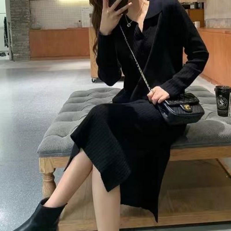 Xiang Nian Ni Đầm sweater Dệt Kim Dài Qua Gối Xẻ Tà Có Cổ Cho Nữ
