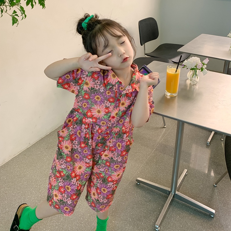 Áo liền quần Cổ Sơ Mi Phối Bèo In Họa Tiết Dễ Thương Phong Cách Hàn Quốc Thời Trang Mùa Hè Cho Bé Gái