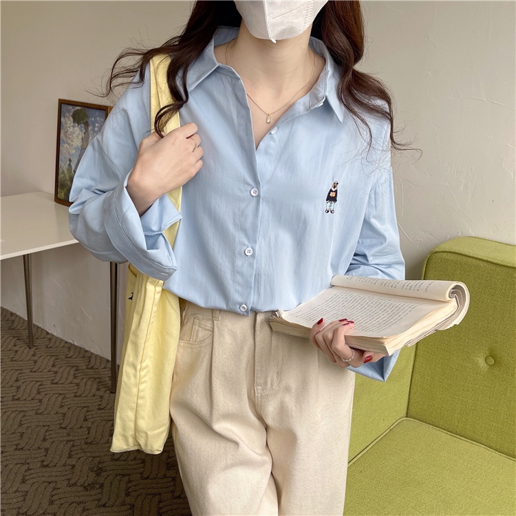 IELGY    Áo Thun Tay Dài Thêu Hình Gấu Thời Trang Dành Cho Nữ