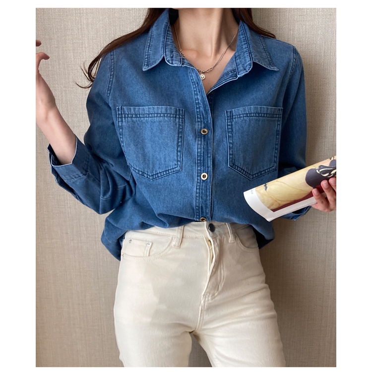 Áo sơ mi denim SUXI tay dài dáng rộng màu trơn phong cách cổ điển dễ phối đồ thời trang mùa xuân