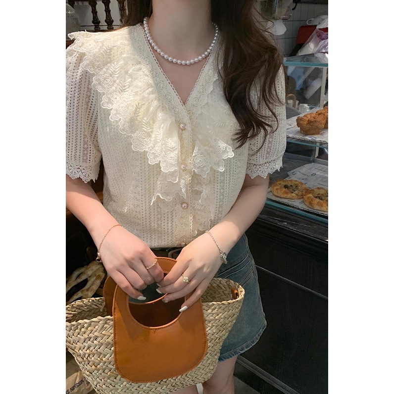 SUXI Áo Sơ Mi Nữ Tay Ngắn Cổ Chữ V Phối Ren Phong Cách Hàn Quốc Thời Trang Mùa Hè