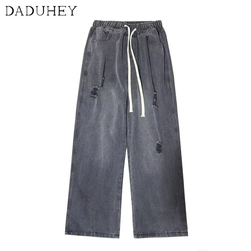 DaDuHey Men's  Embroidered Fashion Brand Handsome Loose Elastic Waist Casual Pants American-Style Ripped Jeans