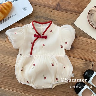 Bộ áo liền quần 0-24 tháng Quần áo trẻ em Quần áo trẻ em Bộ áo liền quần Áo liền quần Váy trẻ em Mùa hè Phong cách mới cho trẻ sơ sinh Bé gái Áo liền quần tam giác Hoa Nút chéo dễ thương Bộ áo liền quần ngắn tay ML949 VGL7