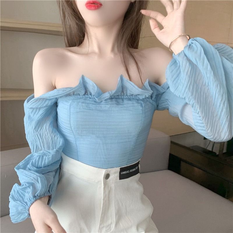 Áo Sơ Mi Chiffon Trễ Vai Nhún Bèo Phong Cách Pháp Thời Trang Mùa Hè Quyến Rũ Cho Nữ