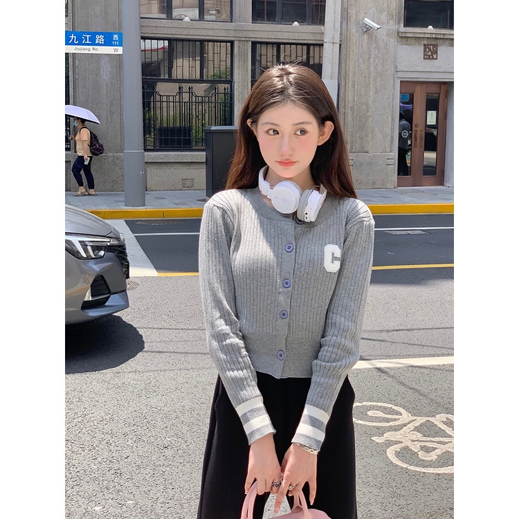 LANJIEXI Áo cardigan Dệt Kim Mỏng Tay Dài Thêu Chữ Màu Sắc Tương Phản Phong Cách Hàn Quốc Cho Nữ
