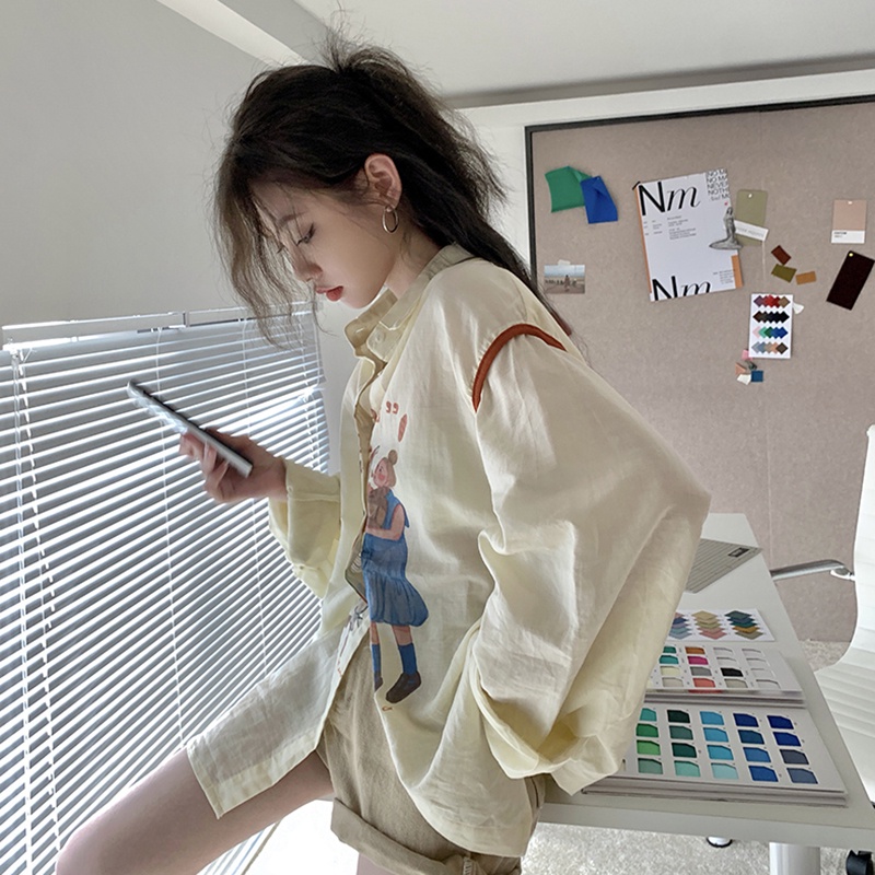 IELGY Áo Sơ Mi Tay Dài In Họa Tiết Hoạt Hình Phong Cách Hàn Quốc Cho Nữ