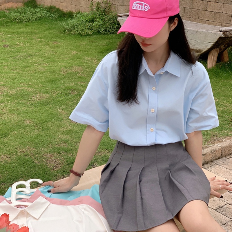 IELGY  Áo Sơ Mi Tay Ngắn Màu Trơn Thời Trang Cao Cấp Cho Nữ